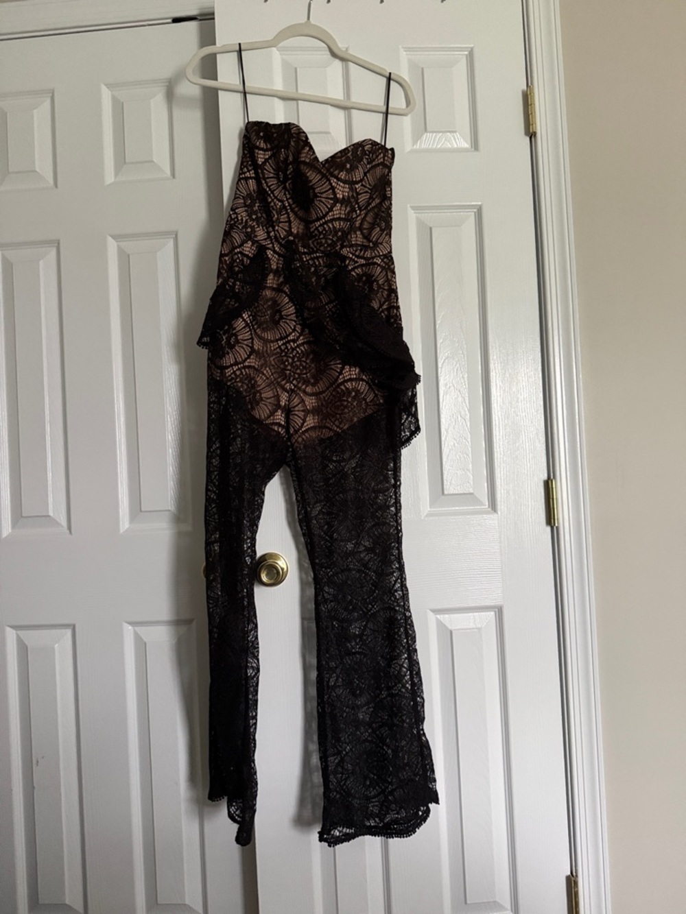Strapless Black Lace Overlay Jumpsuit with Nude Lining